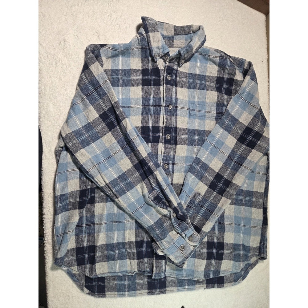 Eddie Bauer Men's Medium Blue Plaid Flannel Shirt Cotton Stretch Button Down